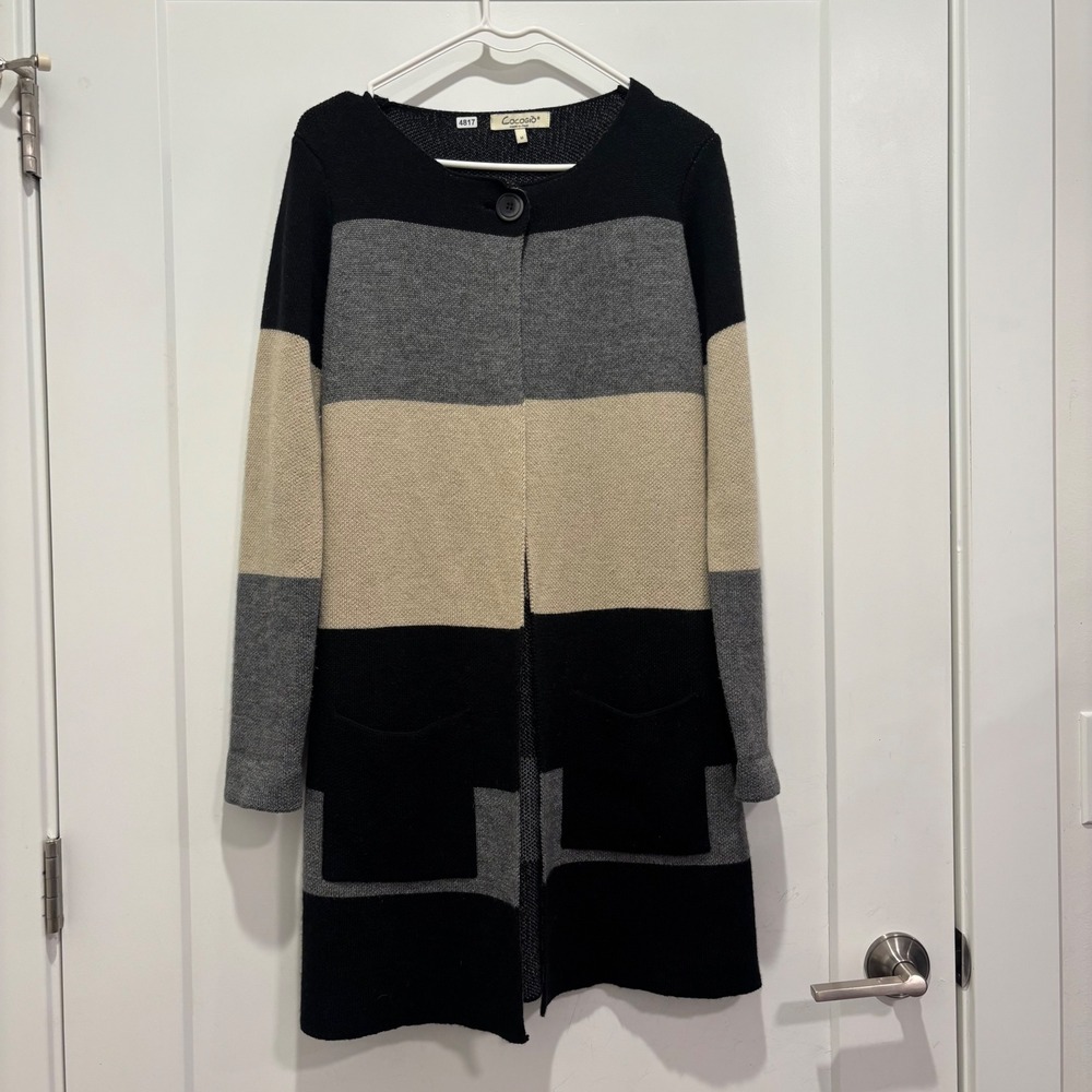 Cocogiò Italy Merino Wool Blend Colorblock Cardigan Sweater Black Grey Tan M